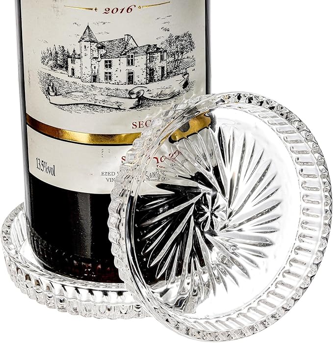 AVLA 8 Pack Crystal Drink Coasters, Glass Round Cup Mat, Clear Decorative Wine Bottle Coasters Barware Set for Table Protection of Home Kitchen, Dining Room, Patio, Coffee Shop, 3.75", Carved Design