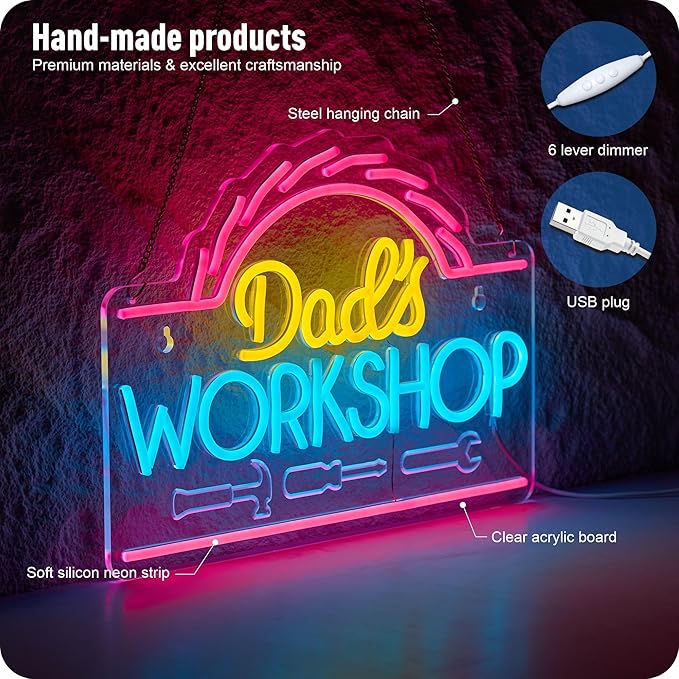 Dad's Workshop Neon Sign for Wall Decor Garage LED Light Car signs for Auto Repair Shop Man Cave Gift for Father 12.6 x 16.5 in (Yellow Pink)