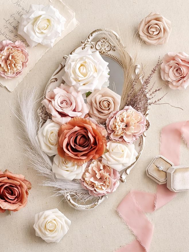 MISSPIN Artificial Flowers DIY Box Set Fake Roses Bouquet Bridal Wedding Flowers Colorful Centerpiece Table Decorations Boho Faux Floral with Stems Arrangements for Cake Home Party Indoor Outdoor