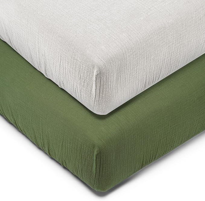 Muslin Fitted Crib Sheets for Girls & Boys-2 Pack 28"x 52" Soft Baby Mattress Sheet-No Slip Boho Neutral Breathable Toddler Cotton Bedding Olive Green & Beige Colors