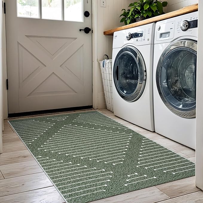 LIVEBOX Boho Green Rug for Entryway Indoor, 2.3' x 3.6' Washable Kitchen Rugs Moroccan Front Door Rug Outdoor Doormat, Hand-Woven Area Rug Carpet for Layered Entrance Porch Bathroom(Green & White)