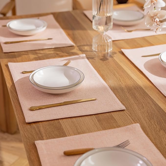 Demetex Pink Placemats Set of 8 Heat Resistant Cloth Place Mats Rectangle Linen Table Placemat for Party Anniversary Wedding, 13x19 inch, Pink
