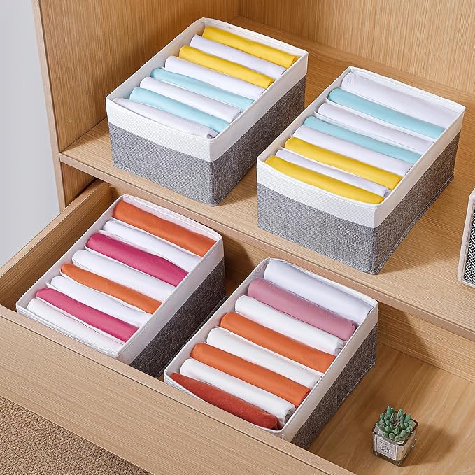 4 Packs T-shirt Drawer Organizers for Clothing,8 Grids Compartment Wardrobe Storage Box, Washable Clothes Organizer for Legging,Silk Scarve-12.59''x9.05''x5.9-GreyWhite