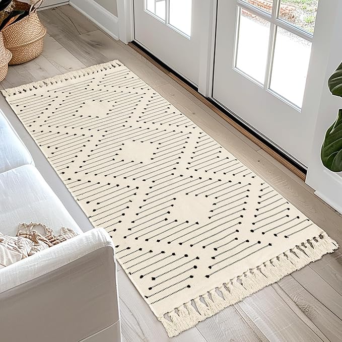 Tritard Boho Runner Rug 2x6 - Washable Hallway Rug with Tassel, Lightweight Woven Farmhouse Kitchen Runner Rugs Cotton Aztec Indoor Low Pile Thin Carpet for Entryway, Laundry, Bathroom, Beige Cream