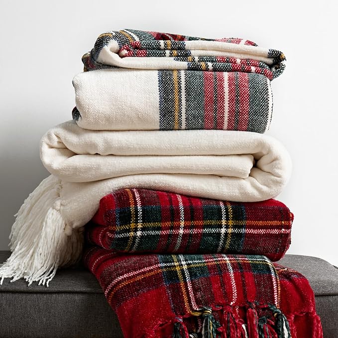 EVERGRACE Stewart Red Christmas Plaid Chenille Throw Blanket for Couch, Super Soft Cozy Tartan Checkered Throw Blanket with Tassels, Lightweight Plush Chenille Knit Throw for Christmas Decor, 50"x60"