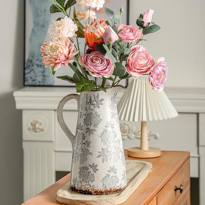 Enra Blue and White vase with Handle,12.2 inch Ceramic Vintage Decorative Flower Pitcher vase, Chinoiserie Floral Vase,Large Rustic Vases for Home Decors, Living Room, Bookshelf, Office