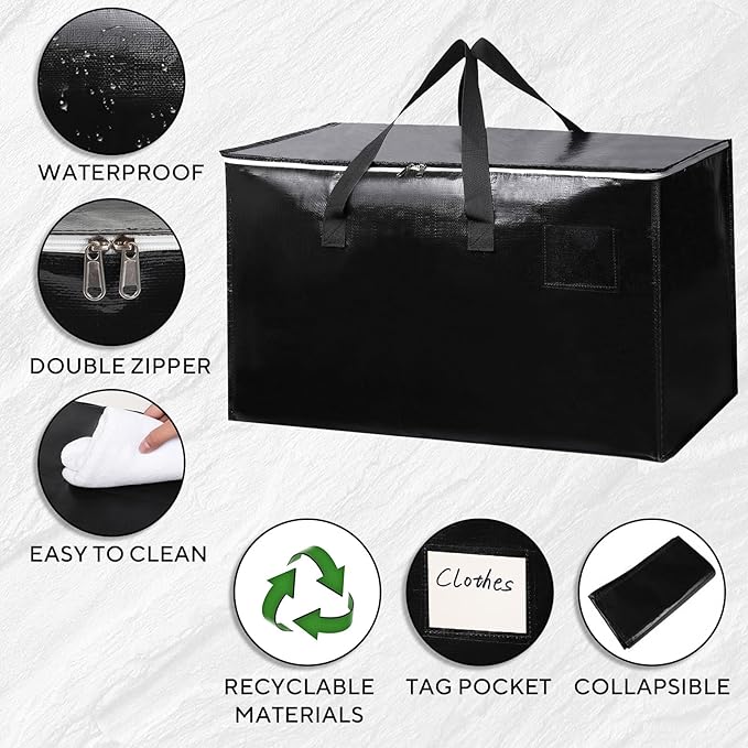 6-Pack Extra-Large Heavy-Duty Moving Bags with Reinforced Handles, Durable Zippers & Waterproof Material — Perfect for Space-Saving, Storage, Shipping and Travel (Black)