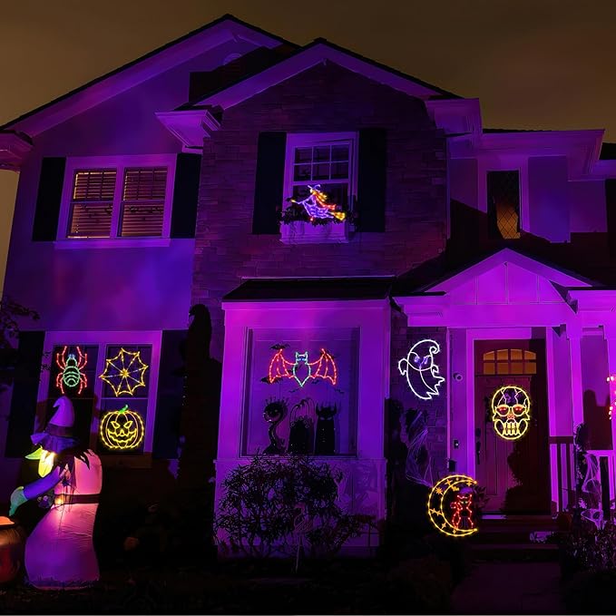 Halloween Window Lights - 16" Halloween Window Silhouette Holiday Displays - 4 Pack Colour Lighted Bats & Ghost & Spider & Skull Head for Holiday Indoor and Outdoor Wall Door Window Decorate