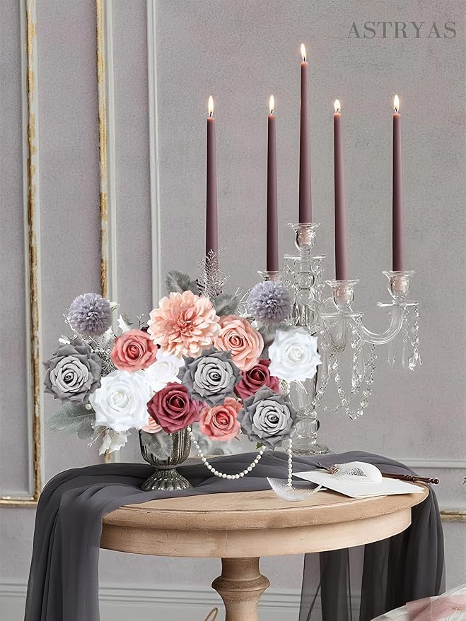 ASTRYAS Artificial Flowers Combo Box Set, Pink Mix Silk Flowers Dahlia Roses with Stems for DIY Wedding Bouquets Centerpieces Arrangements Party Bridal Baby Shower Home Decorations, Gray & Pink