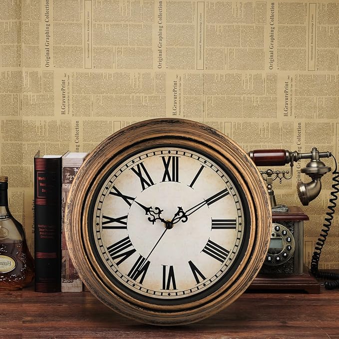Plumeet Retro Wall Clock, 12'' Non Ticking Classic Silent Vintage Wall Clocks Decorative Kitchen Living Room Bedroom, Roman Numerals, Battery Operated