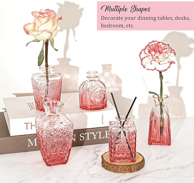 36Pcs Bud Vases Set Small Vintage Glass Bottles Pink Bud Vases in Bulk Multiple Shape Cute Glass Vases for Rustic Wedding Centerpieces Table Decorations and Home Decor(Pink)