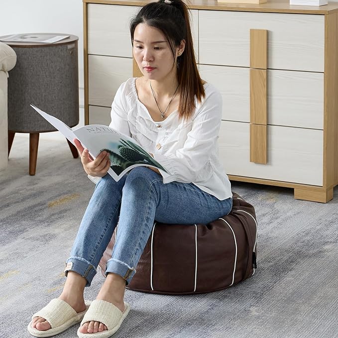 Louis Donné Unstuffed Pouf Ottoman Cover, Handmade Moroccan Foot Stool for Foot Rest, Round Faux Leather Small Bean Bag with Storage Solution, Floor Pouffe Footstool for Living Room, Bedroom Balcony