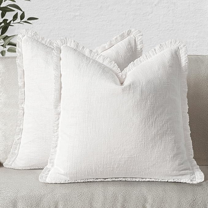 MIULEE Decorative Throw Pillow Covers Neutral Linen Fringe Throw Pillows Euro Shams Set of 2 White Boho Farmhouse Cushion Covers for Couch Sofa Bed Living Room Spring Home Decor 22x22 Inch