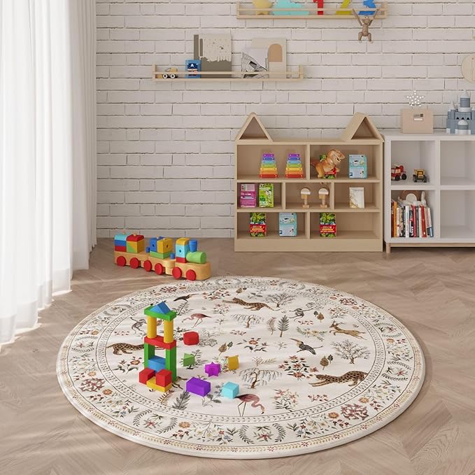 Round Rug 4ft Washable Circle Rug Non Slip Low Pile Boho Floral Animal Small Circular Rug for Bedroom, Bathroom, Entryway, Kids Room, Office, College Dorm (Beige)
