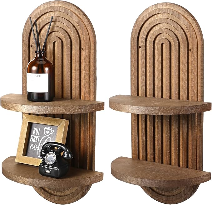 Wenqik 2 Pcs Boho Wall Shelf Rainbow Arch Wooden Floating Shelf Mid Century Bohemian Hanging Holder Double Vintage Wall Mount Altar Decor for Nursery Bedroom 15.75 x 6.69 Inches(Brown)