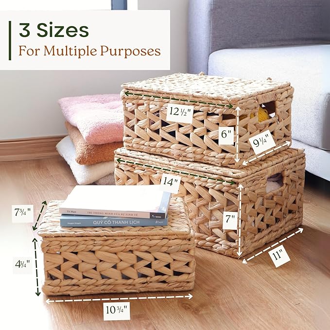 14in Wicker Storage Baskets with Lids, Set of 3 Natural Water Hyacinth Decorative Boxes for Shelf, Woven Lidded Baskets for Organizing, Rattan Storage Box, Nesting Baskets with Lids