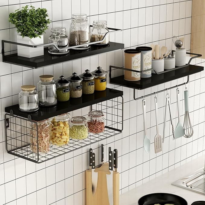Floating Shelves Wall Mounted,Wood Bathroom Shelf Over Toilet with Paper Storage Basket, Wall Decor Farmhouse Floating Shelf for Bedroom, Living Room, Kitchen,Office (Black)