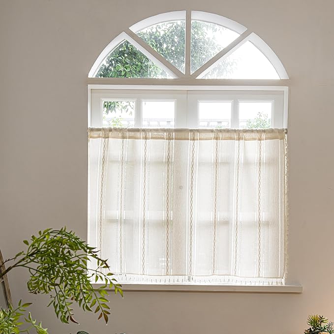 Sutuo Home Ivory Boho Curtain 52W x 36L inch White Striped Light Filtering Short Valance Tier, 1 Panel Embroidery Bohemian Farmhouse Country Kitchen Window Treatment Decor for Small Closet