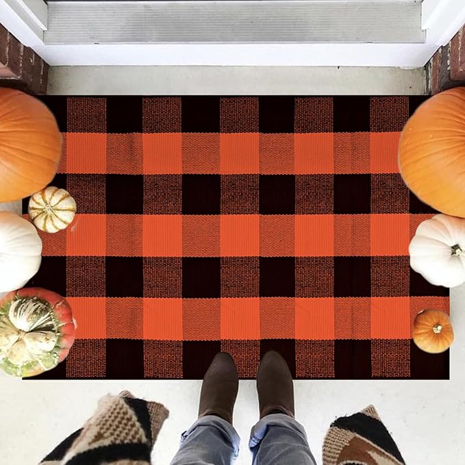 Buffalo Plaid Rug 28 x 43 Inches Fall Outdoor Front Door Decor Mat, Cotton Washable Hand-Woven Rug for Layered Doormat, Autumn Halloween Thanksgiving Carpet for Porch (Orange and Black Plaid)