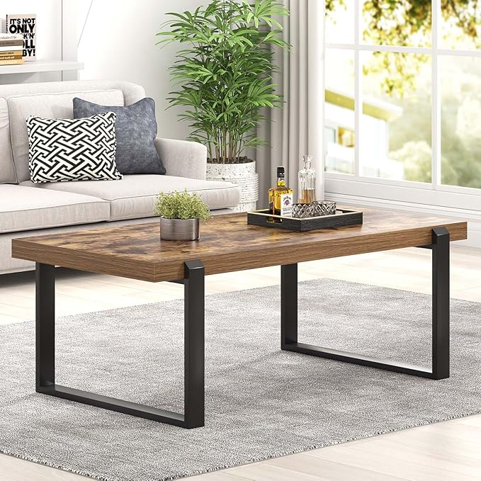 FOLUBAN Coffee Table, Modern Rustic Wood and Metal Center Table, Industrial Rectangle Cocktail Tea Table for Living Room, Brown, 47 Inch
