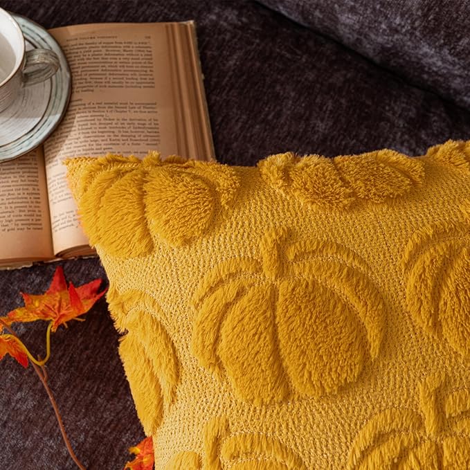 Pumpkin Fall Decorative Throw Pillow Covers 12"x20", Set of 2 Mustard Yellow Soft Faux Fur Pillow Covers for Autumn Harvest, Fluffy Plush Accent Pillow Cases for Farmhouse Halloween Decor