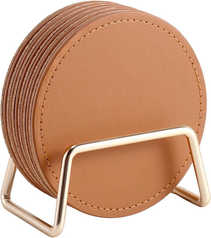 CASEGRACE Drink Coasters with Metal Holder Stand Set of 6, PU Leather Absorbent Coasters with Cork Base Table Coaster Set Decorative Coffee Cup Coasters Housewarming Gift for Home Decor