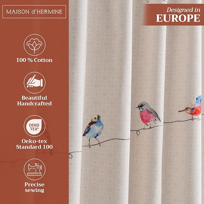 Maison d' Hermine Curtains for Living Room 100% Cotton 124 inch Length Two Panels Light Filtering Curtains for Bedroom Windows with Rod and Loop Pockets Drapes (Birdies On Wire, 50" W x 124" L)