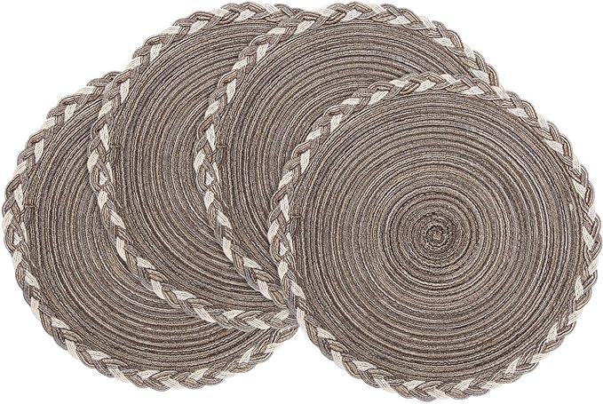 SHACOS Round Placemats Set of 4 Braided Glitter Round Table Placemats 15 inch for Wedding Holiday Party (Multicolor-Light Coffee, 4)