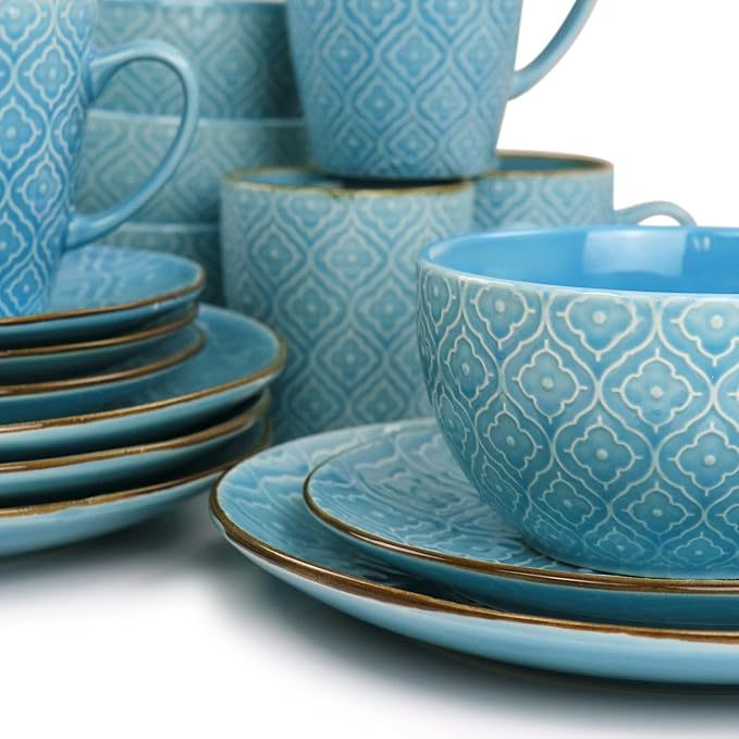 Elama Aqua Lily 16 Piece Luxurious Stoneware Dinnerware with Complete Setting for 4