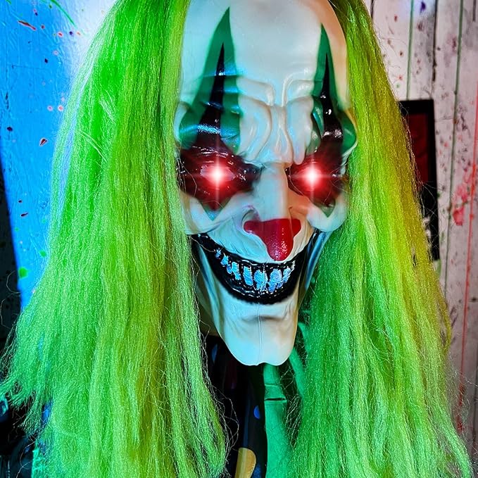 Haunted Hill Farm Lifesize Animatronic Scary Talking Clown with Touch Activated Lights and Sound, Battery-Operated Indoor or Covered Outdoor Halloween Decoration