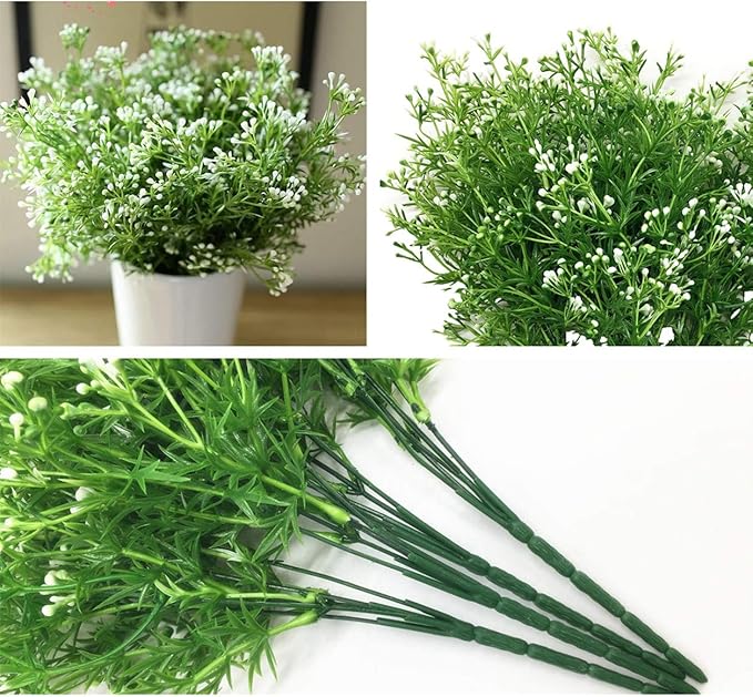 CATTREE Artificial Plants, Faux Plastic Pearl Flowers Shrubs Fake Grass Leaves Simulation Greenery Bushes Indoor Outside Home Garden Office Yard Verandah Wedding Decor - 4 Bundles