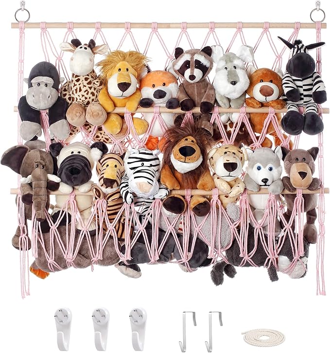 Stuffed Animal Net or Hammock Large Corner Storage for Plushies Stuffed Animals Zoo Wall Hanging Organizer Holder for Toy Hammock, Space-Saving Kids Nursery Decor (Pink)