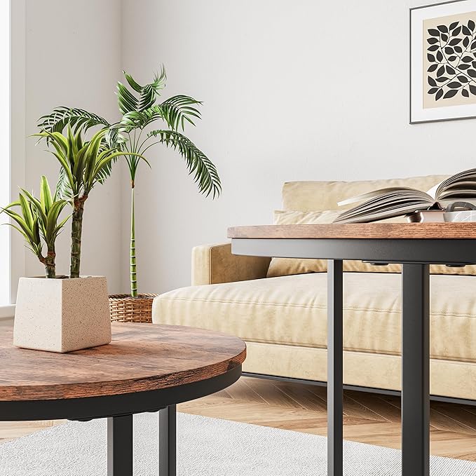 Round Coffee Table Set of 2 for Living Room,Black Small Coffee Table Living Room Table,Nesting Tables Metal Frame/Wood,Sturdy/Easy Assembly,Stacking Side Tables Bedroom,Rustic Brown