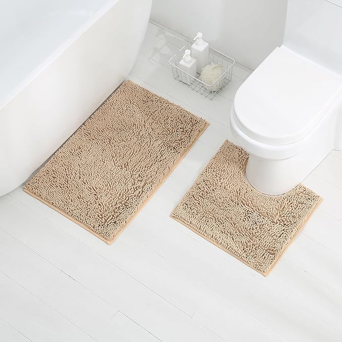 ZiYiJuan Bathroom Rugs, Super Absorbent Luxury Shaggy Chenille Bath Mats,Beige 20x20_17x24_20x32