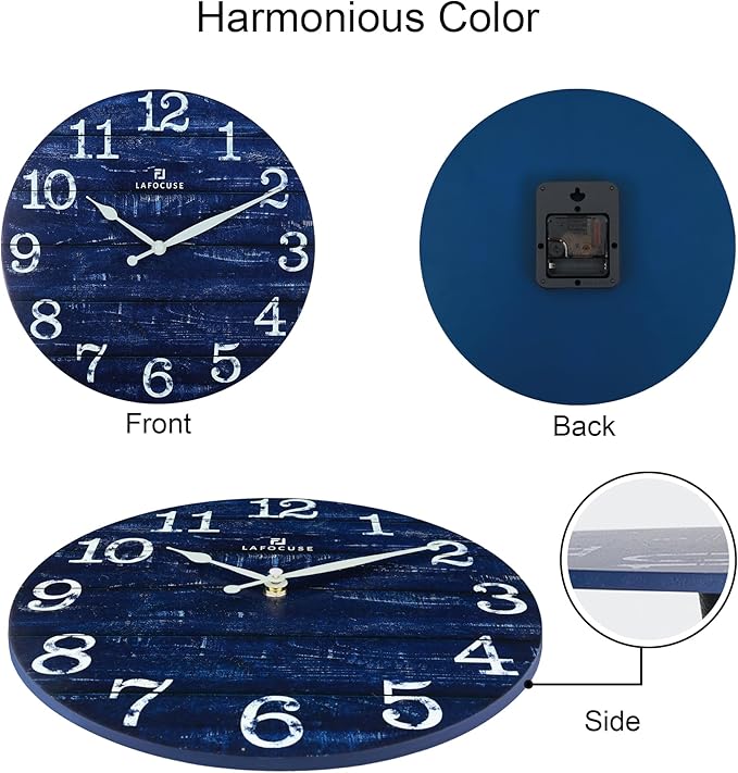 Lafocuse 12 Inch Silent Navy Blue Wall Clocks for Kitchen Living Room Decor, Wooden Rustic Wall Clock Battery Operated, Decorative Farmhouse Clock