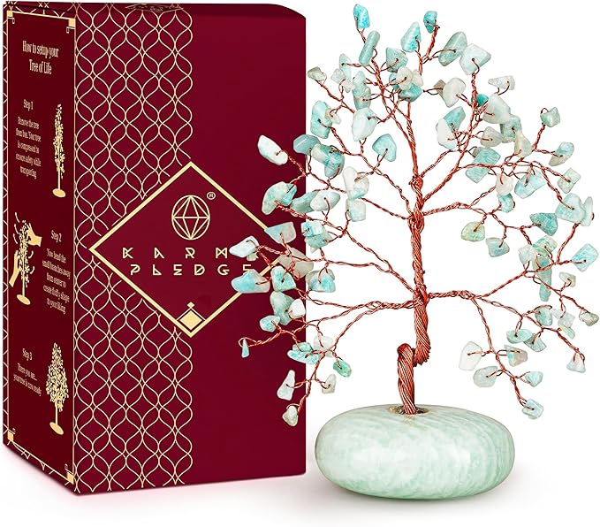 Crystal Tree of Life Home and Office Feng Shui Decor, Amazonite Healing Crystal Handmade Bonsai Tree for Positive Energy, Good Luck, Money, Christmas Decor, Birthday Gifts for Women, Mom
