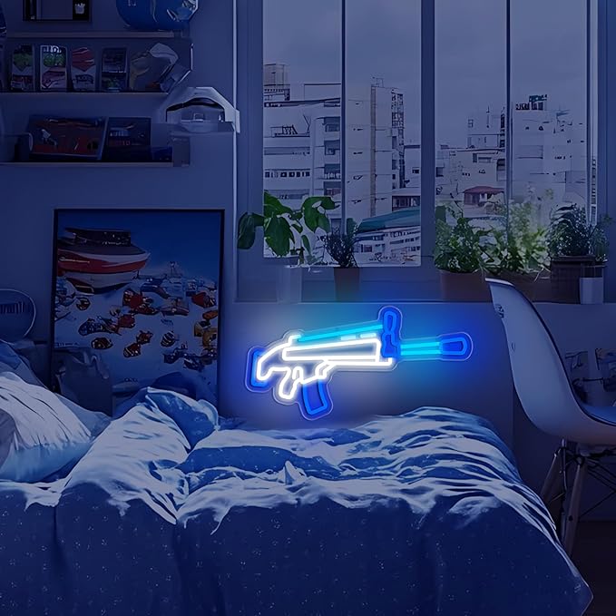 Gun Neon Sign, Game Neon Signs for Wall Decor, Dimmable Acrylic Neon Lights for Gamer Room Man Cave Bedroom Bar Pub Playroom Commercial Streets Party Decorations