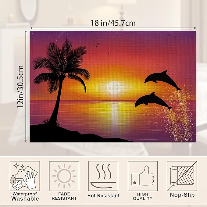 Dolphins Placemats Set of 6,Palm Tree Sunset Place Mats Heat Resistant Washable Non-Slip Table Mats for Party Kitchen Dining Decor 12x18 Inch