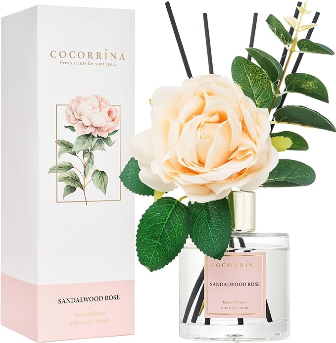 Cocorrina Reed Diffuser Set, Flower Reed Diffuser Sandalwood Rose 6.7 oz, Scented Diffuser with Sticks Home Fragrance Essential Oil for Bathroom Shelf Decor, Living Room, Large Room, 1pack