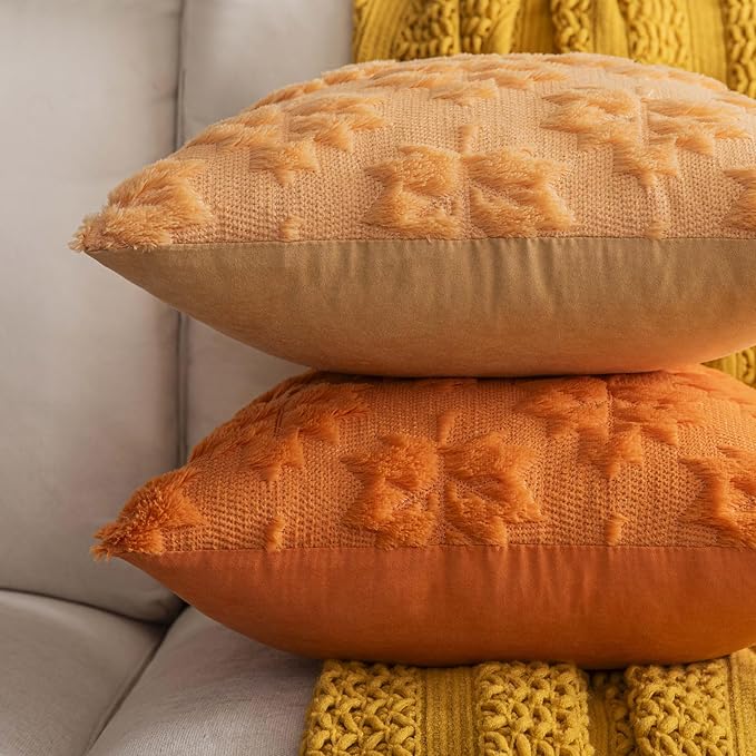 Maple Leaf Fall Throw Pillow Covers 18"x18" Set of 2, Orange Farmhouse Decorative Pillow Covers for Autumn Harvest Holiday Accent Pillow Cases, Faux Fur Pillow Covers for Couch Bed Room