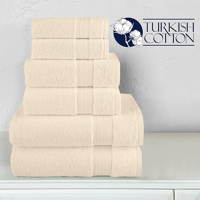 Elegant Comfort Premium Cotton 6-Piece Towel Set, Includes 2 Washcloths, 2 Hand Towels and 2 Bath Towels, 100% Turkish Cotton - Highly Absorbent and Super Soft Towels for Bathroom, Ivory