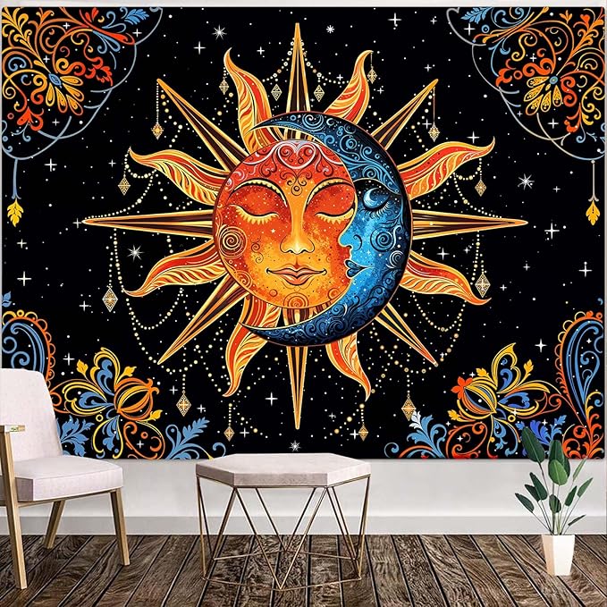 Lunerfex Sun and Moon Tapestry Mandala Wall Tapestry, Cute Tapestries for Bedroom Ceiling Tapestries Wall Hanging for Bedroom Living Room Wall Decor Sun-1 70"x90"