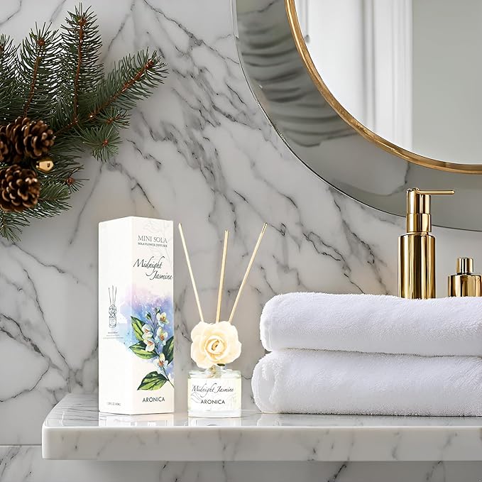 Aronica Jasmine Gold and White Bathroom Decor for Small Home, Flower Reed Diffuser for Bathroom, Inciensos Aromaticos para La Casa, Air Freshener Oil Sticks with Holder