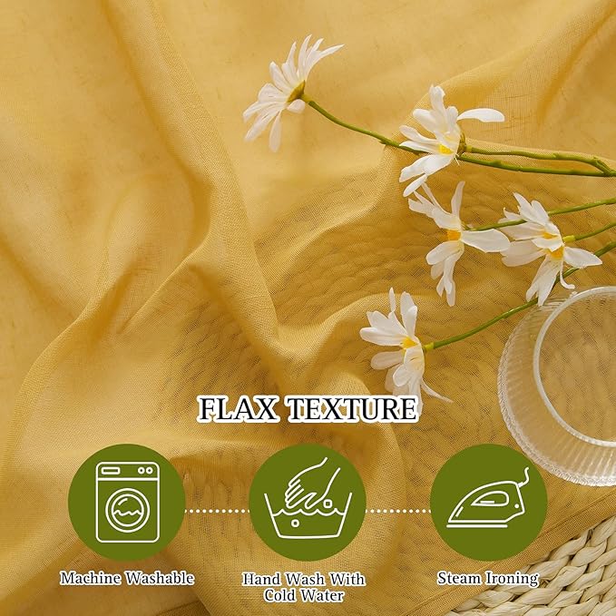 NICETOWN Linen Sheer Gold Curtains 63 inch Length 2 Panels, Grommet Natural Linen Flax Window Drapes Privacy with Light Filtering Curtains for Bedroom, Citrine, W52 x L63