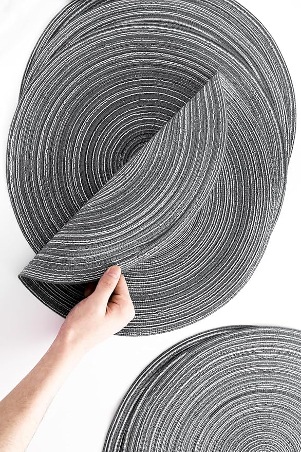 Floroom 15 Inch Round Braided Placemats Set of 4, Washable Heat Resistant Cotton Polyester Circle Place Mats for Kitchen Dining Table - Mist Grey