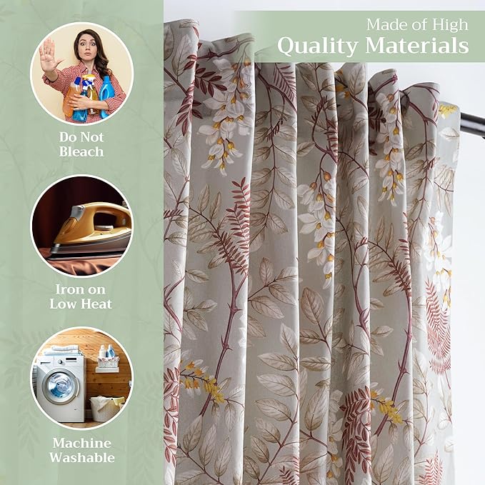 Maison d' Hermine Curtains for Living Room 100% Cotton 124 inch Length One Panel Light Filtering Curtains for Bedroom Windows with Rod and Loop Pockets Drapes (Feuillage Light Taupe, 50" W x 124" L)