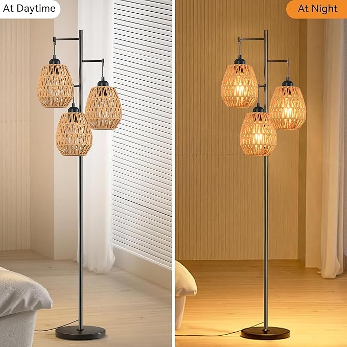 Boho Floor Lamp for Living Room,Industrial Rattan Floor Lamp with 3 Rattan Woven LampShade,Black Standing Lamp Rustic Tall Lamp Light Wicker Tree Floor Pole Lamp for Bedroom,Office,Corner