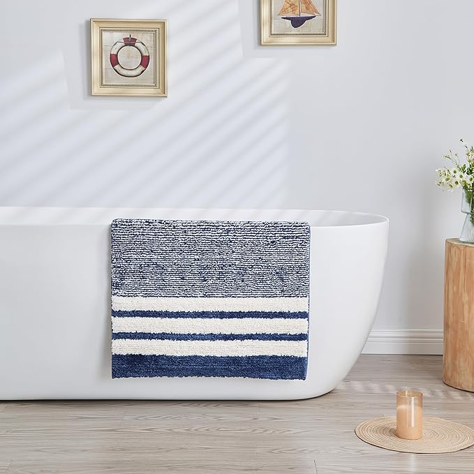 CozeCube Blue Striped Bath mats for Bathroom Non Slip, Fluffy Absorbent Microfiber Bath mat Washable, Aesthetic Bathroom Rugs, Large Bath mat for Sink, 36" x 24"