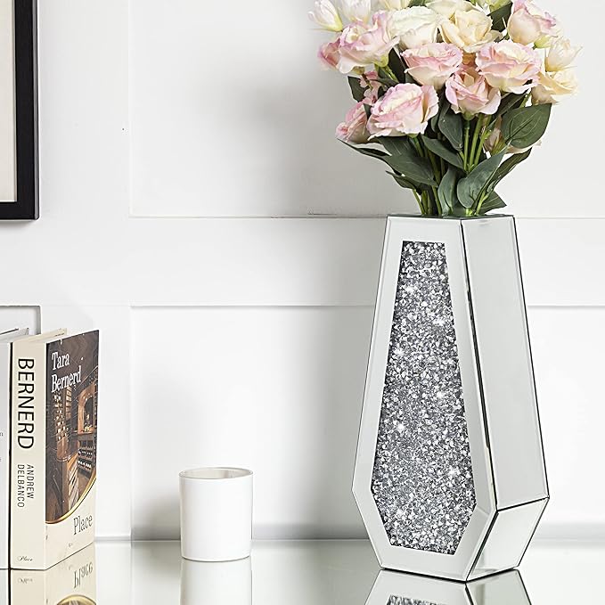 Crushed Diamond Mirrored Flower Vase Large Glass Vase Modern Crystal Decorative Mirror Vases Stunning Luxury Tall Floor Vase for Centerpieces Flowers Home Decor, Silver, 14" H. Can’t Hold Water.