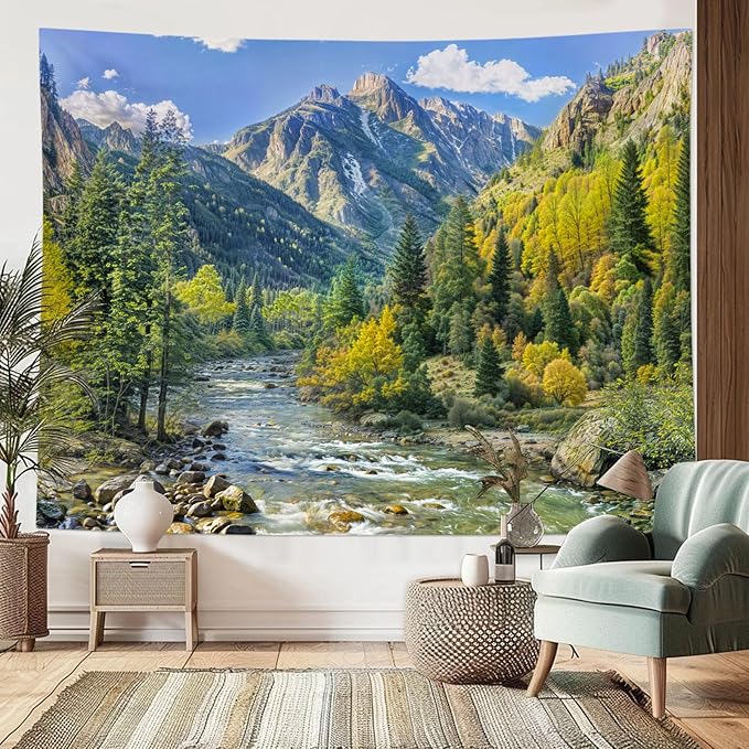 Kanuyee Mountain Tapestry Nature Landscape Wall Tapestry for Bedroom Mountain River tapestries Aesthetic Living Room Decor Nature 60×80 Inches